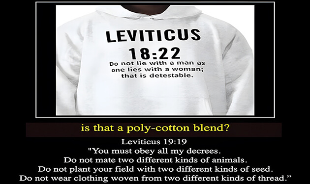 Sweatshirt with Leviticus 18:22 text; caption questions fabric blend referencing Leviticus 19:19.