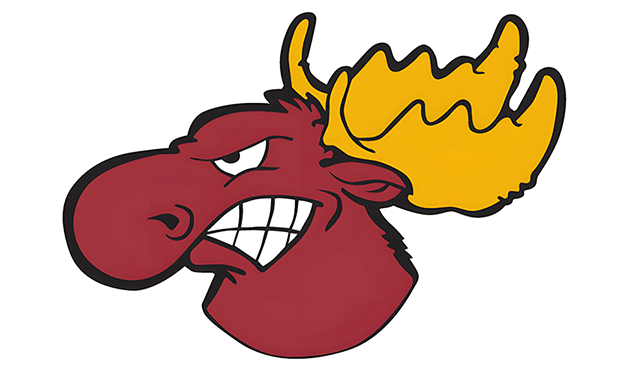 Angry cartoon moose with yellow antlers showing teeth, outlined in black.
