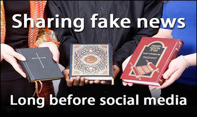 Books symbolizing different religions with text about fake news and social media.