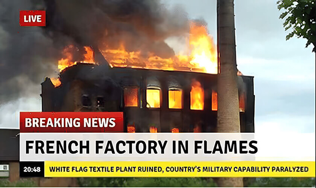 Breaking news: French factory engulfed in flames, impacting national military textile production.