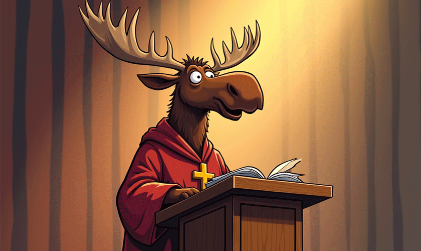 Cartoon moose in red robe with cross reads at podium, lit warmly.