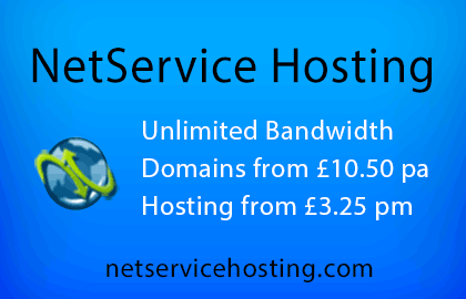NetService Hosting offers unlimited bandwidth; domains from £10.50/year, hosting from £3.25/month.