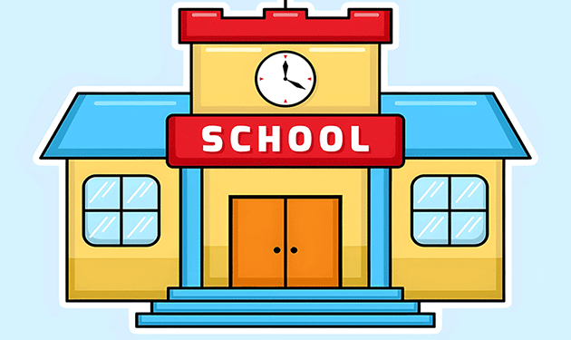 Illustration of a school building with clock, red and blue roof, and orange double doors.