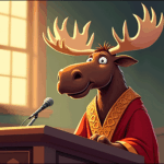 Cartoon moose in a judge robe speaking at a podium with a microphone in a courtroom setting.