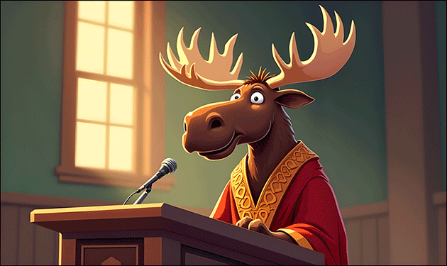 Cartoon moose in a judge robe speaking at a podium with a microphone in a courtroom setting.