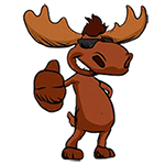 Cartoon moose wearing sunglasses, giving a thumbs-up, smiling confidently.