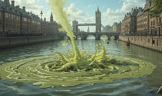 Green ooze erupts in river, historic bridge in background against cityscape and blue skies.