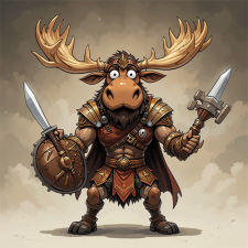 Warrior moose cartoon with armor, sword, and shield, ready for battle, set against a cloudy background.